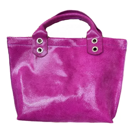 sac mini cabas porté main en cuir de veau effet galuchat brillant rose fuchsia