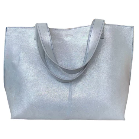 sac cabas grand modèle en cuir de veau blanc pailleté et intérieur cuir bleue canard