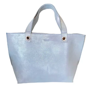 sac cabas grand modèle en cuir de veau blanc pailleté et intérieur cuir bleue canard