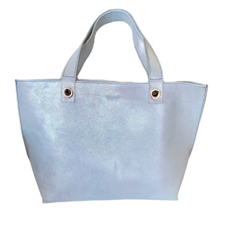 sac cabas grand modèle en cuir de veau blanc pailleté et intérieur cuir bleue canard